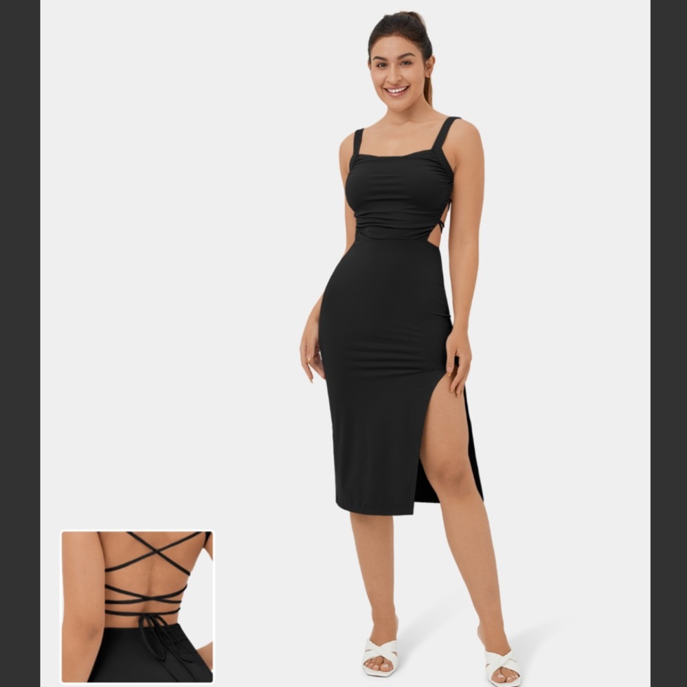 NWT HALARA Ruched Split Backless Crisscross Lace Up Bodycon Midi Casual Dress XS